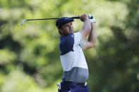 Bryson DeChambeau hits from the ninth tee during the second round of the Rocket Mortgage Classic golf tournament, Friday, July 3, 2020, at the Detroit Golf Club in Detroit. (AP Photo/Carlos Osorio)