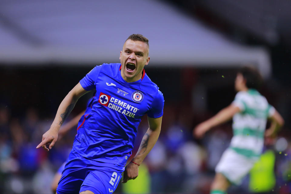 MEXICO CITY, MEXICO - MAY 30: Jonathan Rodriguez of Cruz Azul celebrates after scoring his team's first goal during the Final second leg match between Cruz Azul and Santos Laguna as part of Torneo Guard1anes 2021 Liga MX at Azteca Stadium on May 30, 2021 in Mexico City, Mexico. (Photo by Mauricio Salas/Jam Media/Getty Images)