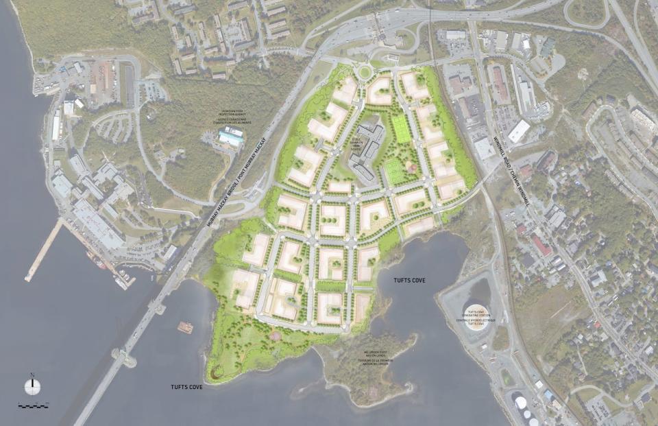 An aerial rendering of the proposed development for the Shannon Park lands in Dartmouth, N.S.