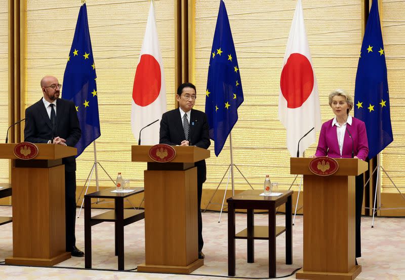 European Commission President Ursula von der Leyen and European Council President Charles Michel meet with Japanese Prime Minister Fumio Kishida in Tokyo