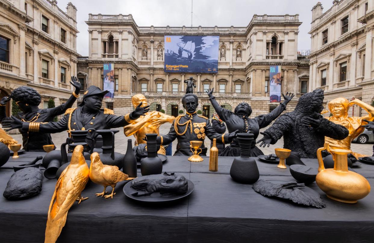 <span>The First Supper (2021-23), Tavares Strachan’s lifesize recreation of Leonardo da Vinci’s The Last Supper in the Royal Academy’s courtyard, the parts all played by heroes of Black history.</span><span>Photograph: Graeme Robertson/the Guardian</span>