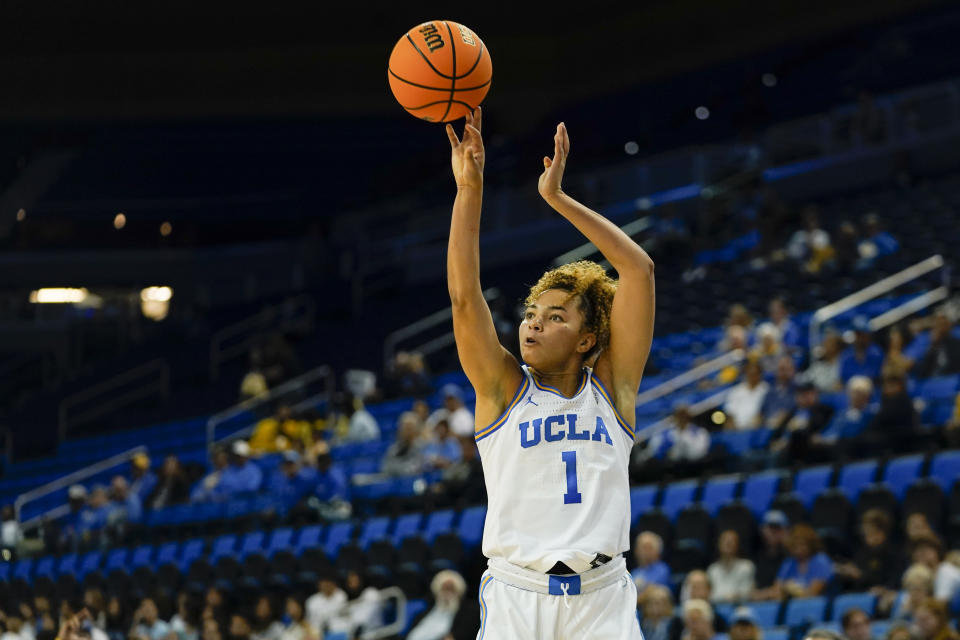 UCLA guard Kiki Rice shoots during the first half against Purdue on Nov. 6, 2023. (AP Photo/Ryan Sun)