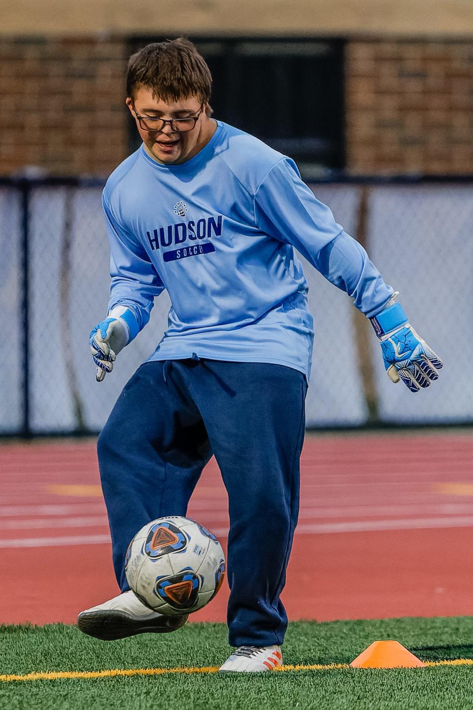 Hudson High School senior Nicholas Savelli kicks the soccer ball around earlier during the 2023 season.