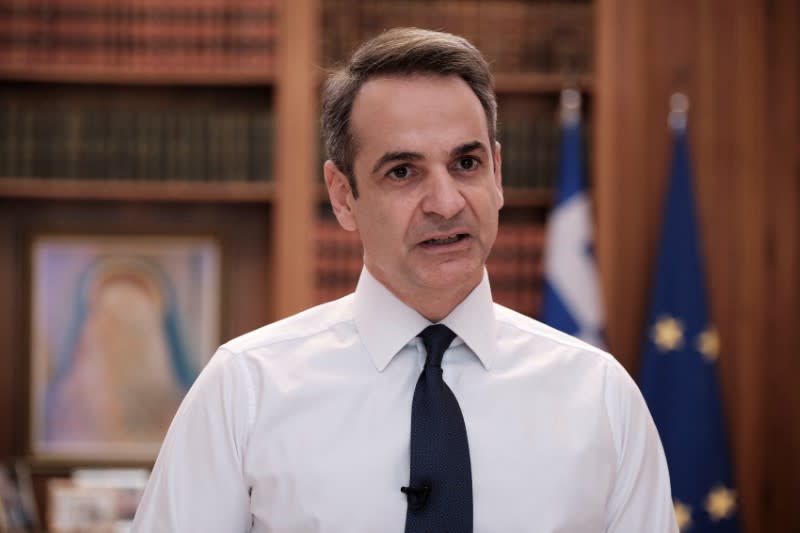 Greek Prime minister Kyriakos Mitsotakis announces nationwide curfew as a precaution against the spread of the coronavirus disease (COVID-19), in the Maximos Mansion in Athens