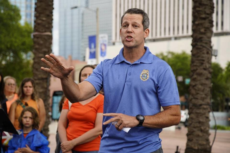 In this June 3 photo, Hillsborough County State Attorney Andrew Warren speaks alongside Tampa Police Chief Mary O’Connor and her staff as they deliver a proclamation to the Florida chapters of Moms Demand Action and Students Demand Action on behalf of Mayor Jane Castor, declaring June 3 as National Gun Violence Awareness Day in Tampa. (Luis Santana/Tampa Bay Times/TNS)