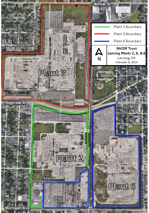 This image from the RACER Trust shows, in blue, the area of the former Fisher Body plant in Lansing. The state provided nearly $19 million in funding to prepare the site for reuse.