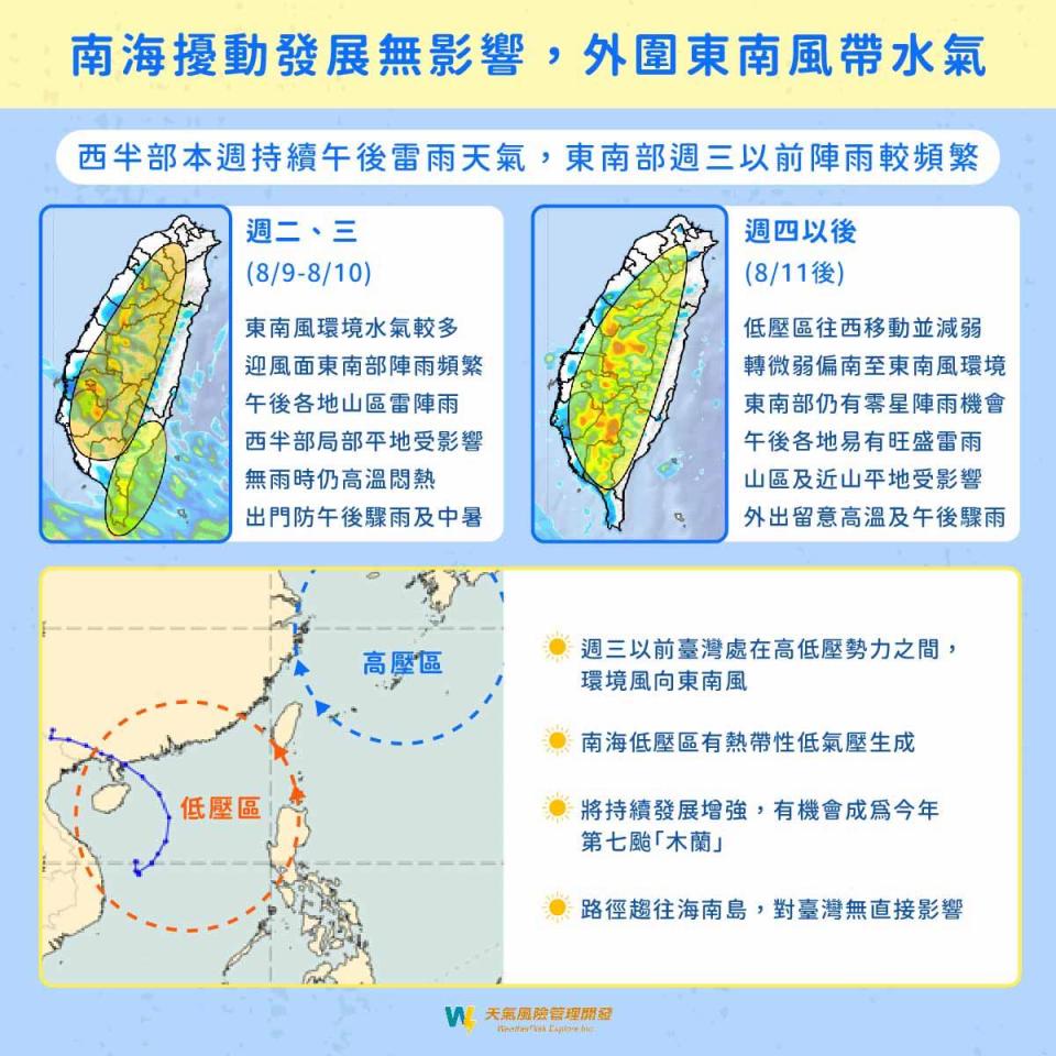 氣象粉專表示，這兩天東南部陣雨頻繁。（圖／翻攝自天氣風險 WeatherRisk臉書）