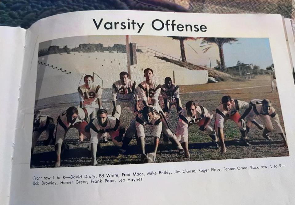 A yearbook photograph of the Indio High School football team in the1960s shows Ed White (front row, second from left) with his teammates. White will have his number 40 retired by the school this Friday.