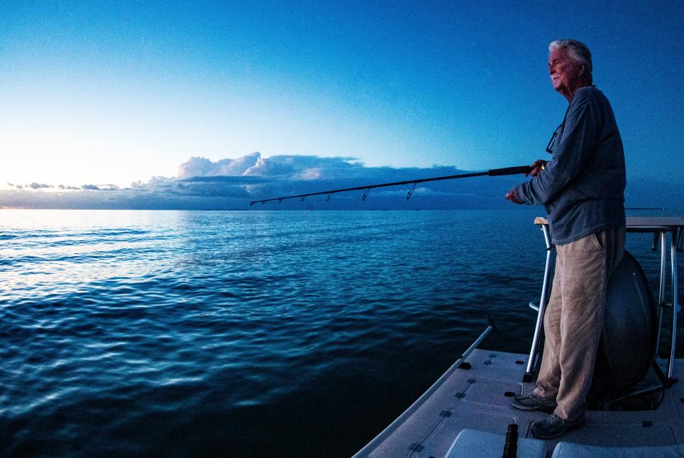 Renowned fisherman, Richard Stanczyk fishes for tarpon in Florida Bay on May 12, 2022. His family owns Bud N' Mary's Marina in Islamorada. He has been fishing South Florida since the 1970s and has seen changes in migratory fish patterns and a slowing of the Gulf Stream. Stanczyk believes climate change is one of issues responsible for the changes.