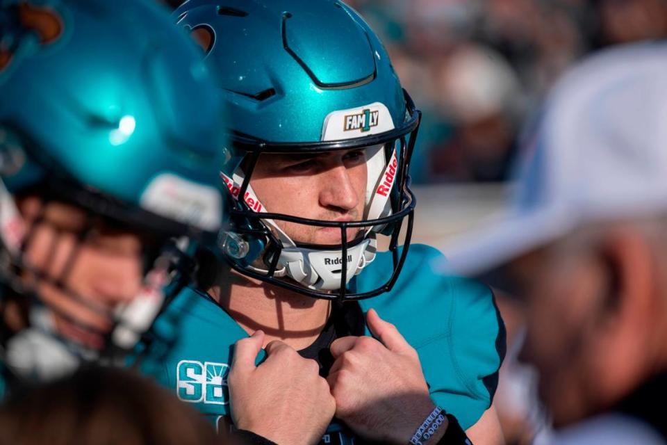 Coastal’s Grayson McCall dressed out but did not start against JMU on Saturday. The Coastal Carolina Chanticleers struggled gain any momentum against James Madison University Dukes at their final home game of the regular season. Nov. 25, 2023.