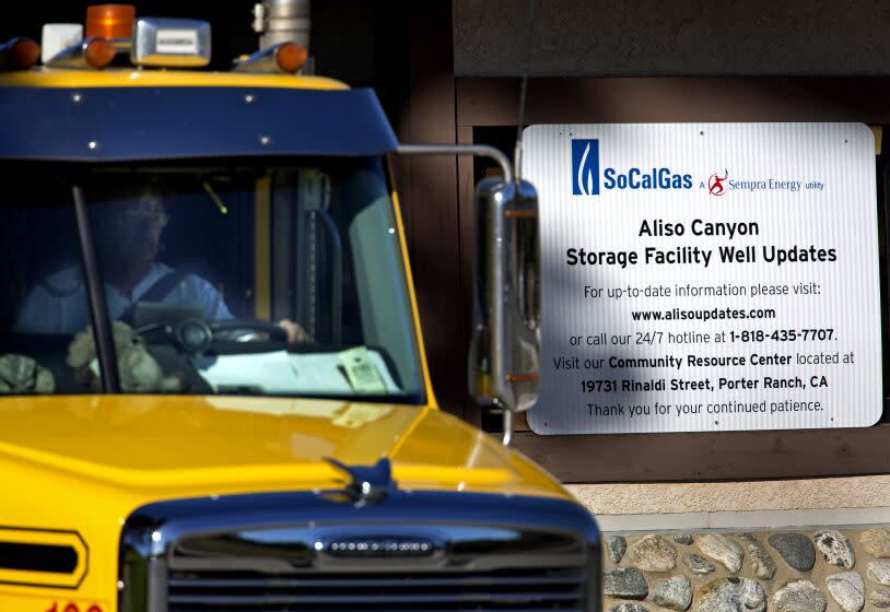 PORTER RANCH, CALIF. -- WEDNESDAY, FEBRUARY 10, 2016: A truck leaves the SoCalGas Aliso Canyon Storage facility in Porter Ranch, Calif., on Feb. 10, 2016. (Brian van der Brug / Los Angeles Times)