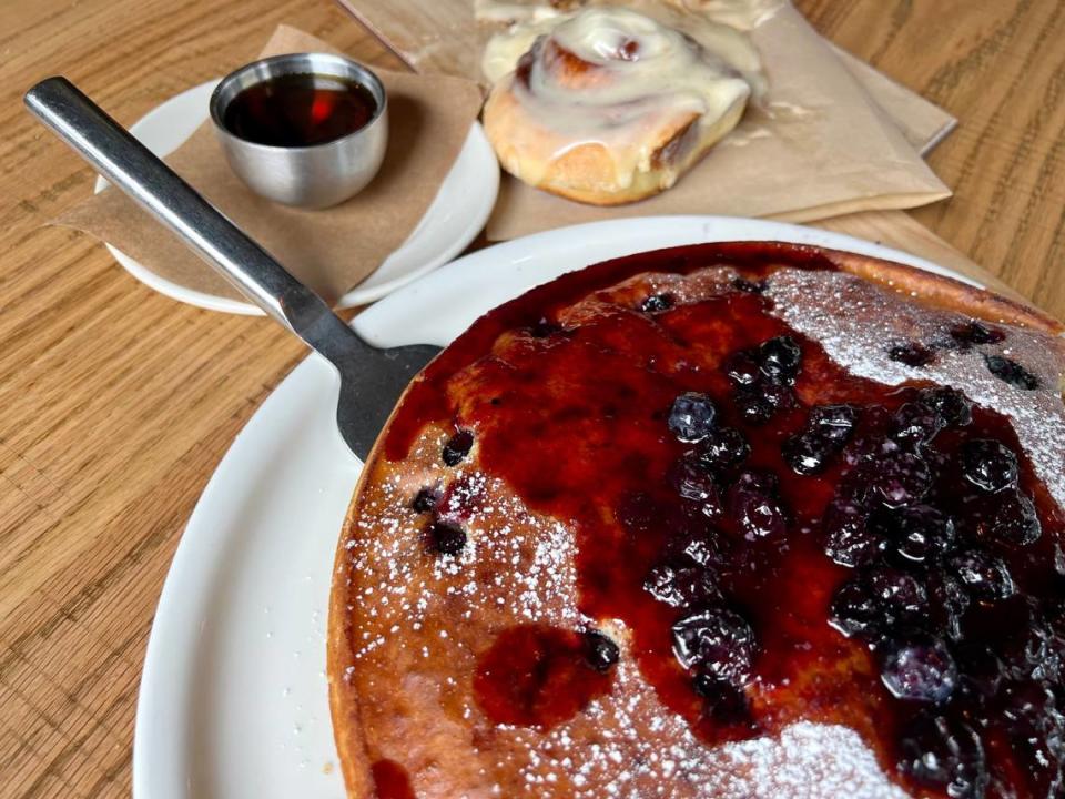A giant blueberry pancake with a cinnamon roll at Pie Tap in Fort Worth July 16, 2023.