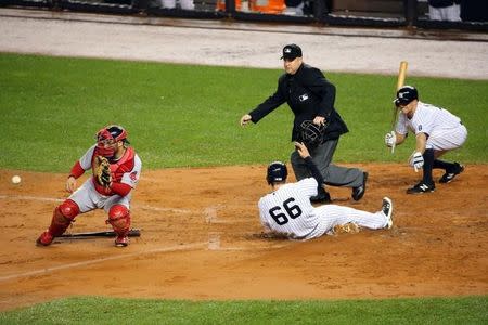 Oct 1, 2015; Bronx, NY, USA; New York Yankees catcher John Ryan Murphy (66) slides past Boston Red Sox catcher Sandy Leon (3) to score during the third inning at Yankee Stadium. Anthony Gruppuso-USA TODAY Sports