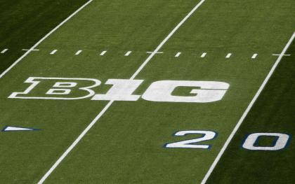 Oct 12, 2013; University Park, PA, USA; A general view of the Big Ten logo prior to the game between the Penn State Nittany Lions and the Michigan Wolverines at Beaver Stadium. (Matthew O'Haren-USA TODAY Sports)