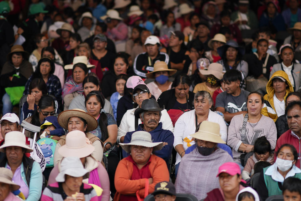 Constituents listen to presidential hopeful Eduardo Verastegui during a rally to collect signatures to enable him to run as an independent candidate in the 2024 presidential election, in San Bartolo del Valle, Mexico, Friday, Nov. 10, 2023. The 49-year-old right-wing activist speaks against LGBTQ+ inclusion, and if elected, he says he would do anything in his power to reverse abortion access. (AP Photo/Eduardo Verdugo)