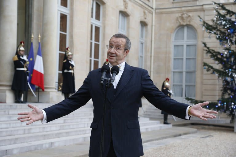 Estonian President Toomas Hendrik Ilves addresses the press outside Paris's Elysee Palace on January 7, 2013. A Twitter feud in June between the Estonian president and New York Times columnist Paul Krugman who questioned the impact of Estonia's austerity measures, is being turned into an opera, US composer Eugene Birman told AFP on Wednesday