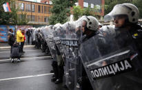 Serbian police guards the area prior the start of the European LGBTQ pride march in Belgrade, Serbia, Saturday, Sept. 17, 2022. Serbian police had banned Saturday's parade, citing a risk of clashes with far-right activists. (AP Photo/Vladimir Milovanovic)