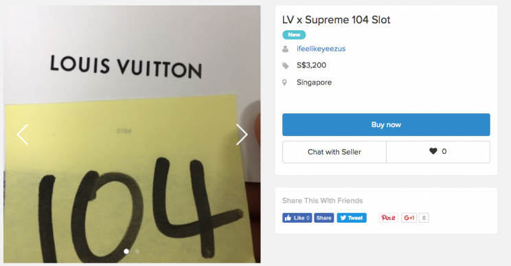 Ballot tickets needed to purchase items from the Louis Vuitton and Supreme collaboration are being sold on Carousell. (Photo: Carousell Screen grab)