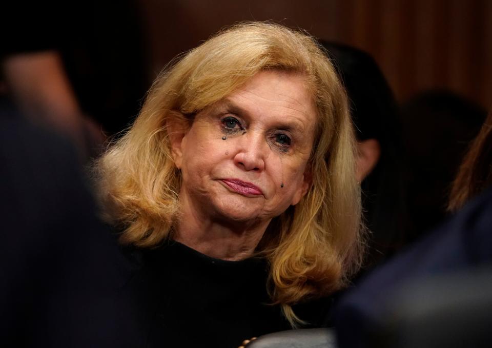 Rep. Carolyn Maloney (D-N.Y) cries as Christine Blasey Ford testifies.&nbsp;Blasey described "the uproarious laughter between the [Kavanaugh and Mark Judge]&rdquo; as her most vivid memory from the alleged assault.