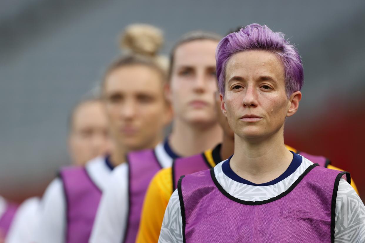  Megan Rapinoe #15 of Team United States reacts as she warms up prior to the Women's First Round Group G match between Sweden and United States during the Tokyo 2020 Olympic Games at Tokyo Stadium on July 21, 2021 in Chofu, Tokyo, Japan (Getty Images)