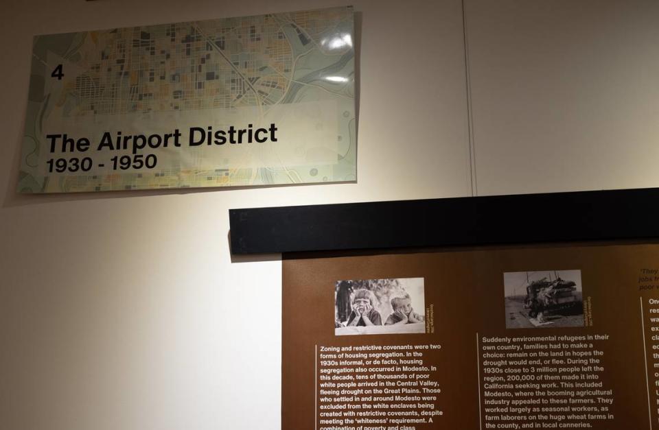 An exhibit in Founders’ Hall at Modesto Junior College displays research conducted by students show Modesto’s history of segregation, the lost Chinatown and Dust Bowl refugees in the Airport District.