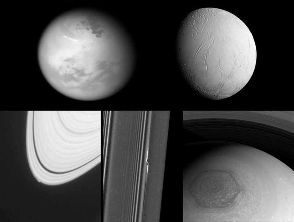 Cassini project scientist Linda Spilker made this compilation of previously released views of the targets of Cassini’s final images. <cite>NASA/JPL-Caltech/SSI</cite>