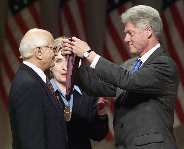 President Bill Clinton along with first lady Hillary Rodham Clinton award Lear with the 1999 National Medal of Arts and Humanities Award on Sept. 29, 1999, at Constitution Hall in Washington, D.C.