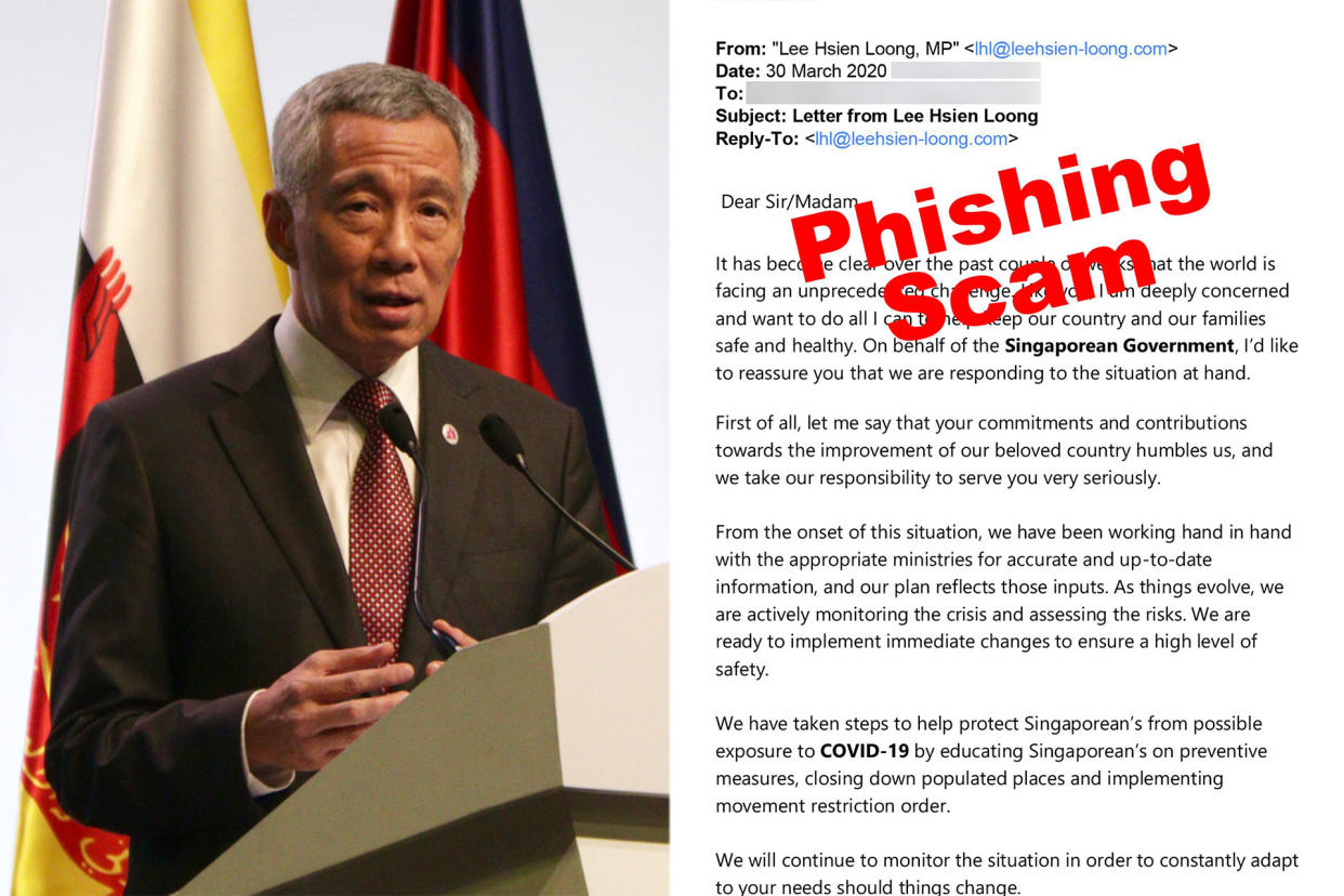 In his Facebook post, Prime Minister Lee Hsien Loong shared an image (right) of the fake e-mail claiming to be from him. (PHOTOS: Yahoo News Singapore file photo, Facebook / Lee Hsien Loong)