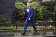 Brexit Secretary Stephen Barclay in Downing Street, London, Monday Oct. 21, 2019. With just 10 days to go until the U.K. is due to leave the European bloc, British Prime Minister Boris Johnson is expected to push for a vote on his Brexit deal, as Parliament geared up for a gruelling week. (Stefan Rousseau/PA via AP)