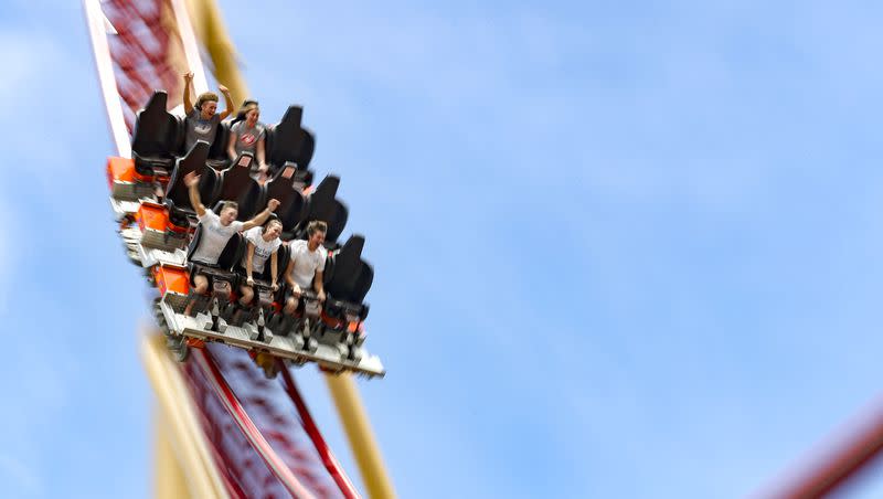 Guests scream with excitement as they ride the Cannibal at Lagoon in Farmington on Monday, June 15, 2020. Lagoon’s newest ride, Primordial, is expected to open during the 2023 season. 