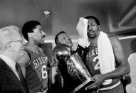 <p>After trading for league MVP Moses Malone in the offseason, the Sixers took time to mesh his talents with aging superstar Julius Erving and standout guards Mo Cheeks and Andrew Toney. But by the time the playoffs rolled around, Philly was a juggernaut. Malone’s famous playoff prediction of “‘Fo, ‘fo, ‘fo” almost came true as the Sixers won their three series 4-0, 4-1 and 4-0. </p>