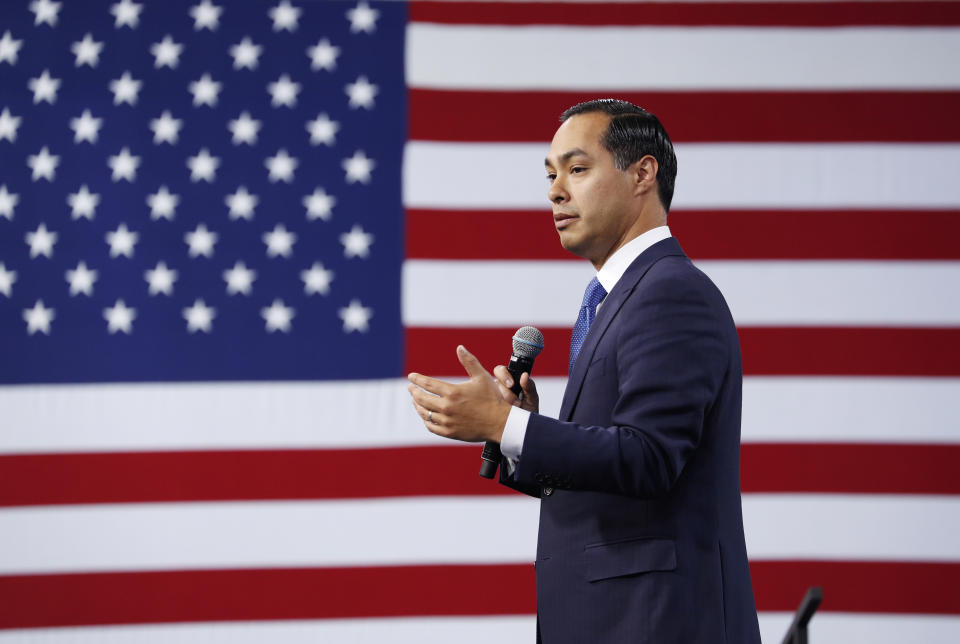 Former Housing and Urban Development Secretary and Democratic presidential candidate Julian Castro speaks at a Service Employees International Union forum on labor issues, Saturday, April 27, 2019, in Las Vegas. (AP Photo/John Locher)