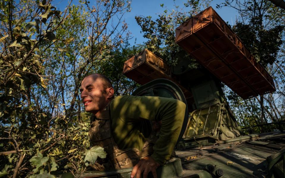 A Ukrainian serviceman of 24th brigade operates a Strela-10 anti air system outside of Toretsk, Ukraine