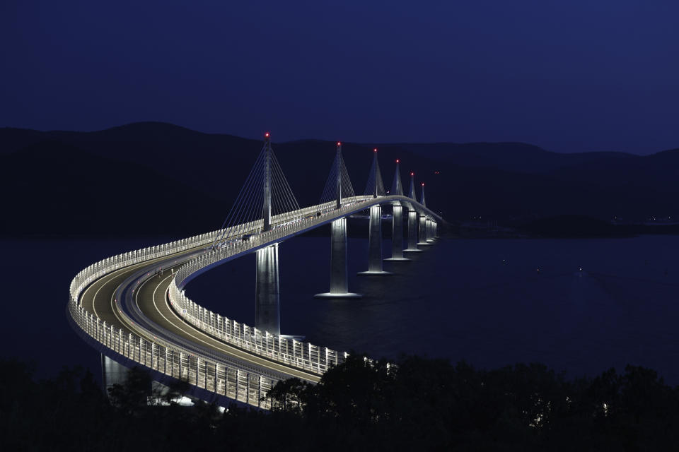 A general view of the newly built Peljesac Bridge in Komarna, southern Croatia, Monday, July 25, 2022. Croatia is marking the opening of a key and long-awaited bridge connecting two parts of the country's Adriatic Sea coastline while bypassing a small part of Bosnia's territory. (AP Photo)