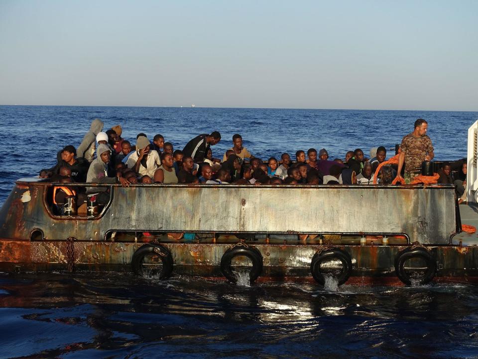 Migrants on a Libyan coastguard boat off the coast of Zuwiyah in September 2016 (Supplied)