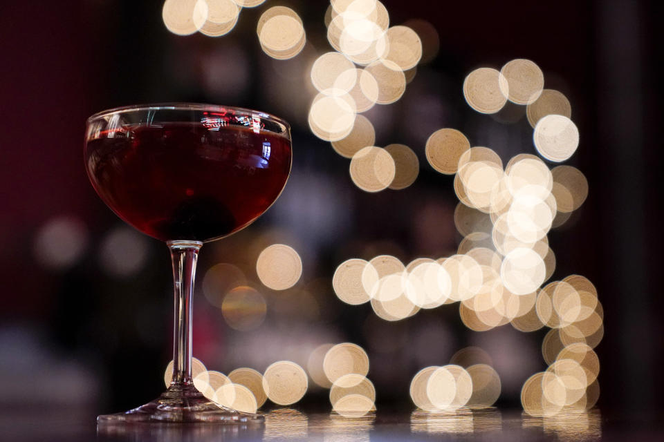 A mixed drink named "Best Cup of Coffee in a Manhattan," which contains whiskey distilled on premises, is seen on the cocktail lounge at Baltimore Spirits Company, Wednesday, Feb. 8, 2023, in Baltimore. Spirits have surpassed beer for U.S. market share supremacy, led by a resurgent cocktail culture — including the popularity of ready-to-drink concoctions, according to a spirits industry group. In 2022, spirits gained market share for the 13th straight year in the U.S. beverage alcohol market, with supplier sales reaching 42.1%, according to the Distilled Spirits Council of the United States. After years of steady growth, it marked the first time that spirits supplier revenues have surpassed beer, which holds a 41.9% market share, the group said. (AP Photo/Julio Cortez)