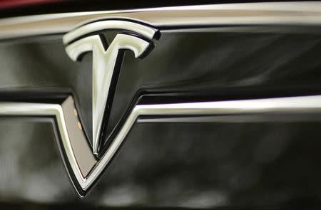 A Tesla Motors logo is shown on a Tesla Model S at a Tesla Motors dealership at Corte Madera Village, an outdoor retail mall, in Corte Madera, California May 8, 2014. REUTERS/Robert Galbraith