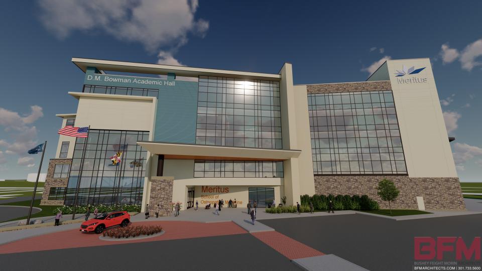The D.M. Bowman Academic Hall, depicted in this rendering from Meritus Health, is on schedule for completion in time for the first class of the Meritus Osteopathic Medical School in the fall of 2025.