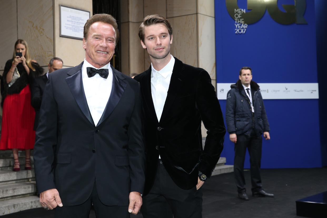 BERLIN, GERMANY - NOVEMBER 09: Arnold Schwarzenegger and his son Patrick Schwarzenegger during the GQ Men of the year Award 2017 at Komische Oper on November 9, 2017 in Berlin, Germany. (Photo by Gisela Schober/Getty Images for GQ)