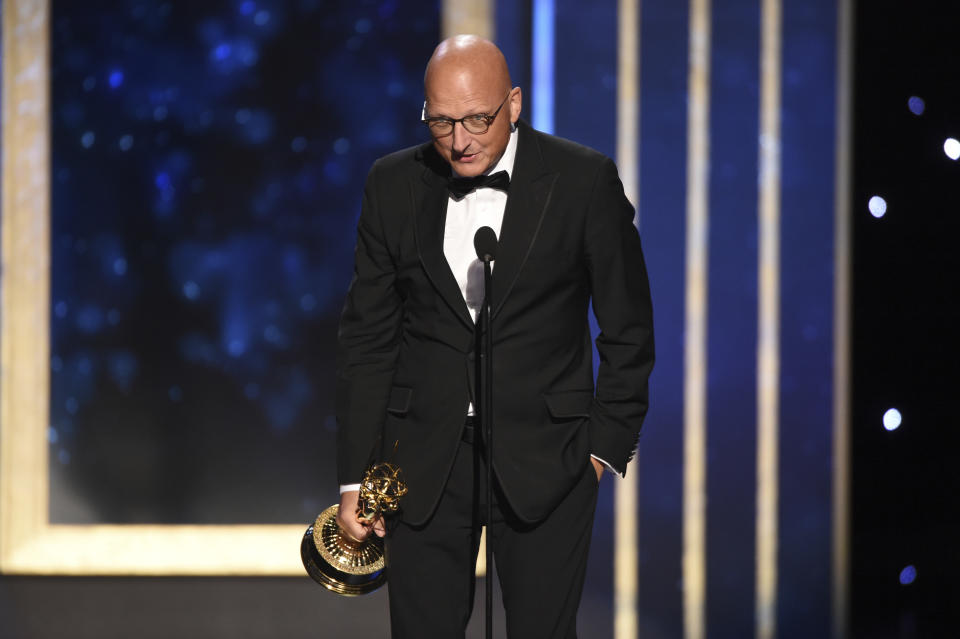 EXCLUSIVE - Dan Reed accepts the award for outstanding documentary or nonfiction special for "Leaving Neverland" on night one of the Television Academy's 2019 Creative Arts Emmy Awards on Saturday, Sept. 14, 2019, at the Microsoft Theater in Los Angeles. (Photo by Phil McCarten/Invision for the Television Academy/AP Images)