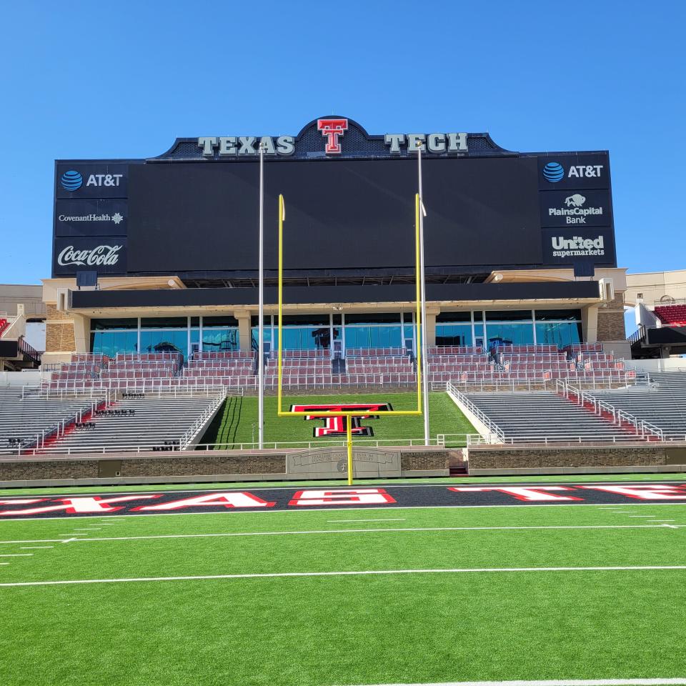 The new Daktronics videoboard at the north end of Jones AT&T Stadium is shown on Tuesday, April 30, 2024. Installation of the new videoboard and ribbon boards in the stadium is a $4.9 million project.
