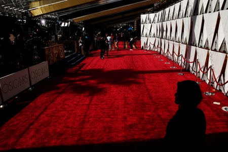 A woman watches over the red carpet outside the Dolby Theatre as preparations continue for the 89th Academy Awards in Hollywood, Los Angeles, California, U.S., February 25, 2017. REUTERS/Lucas Jackson