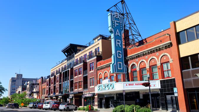 Fargo, North Dakota, USA - June 12, 2017: Daytime view of the Fargo Theatre along Broadway N in the Downtown Historic District.