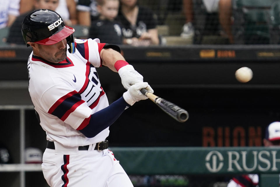 Chicago White Sox's AJ Pollock hits a three-run home run during the second inning of a baseball game against the Cleveland Guardians in Chicago, Sunday, July 24, 2022. (AP Photo/Nam Y. Huh)