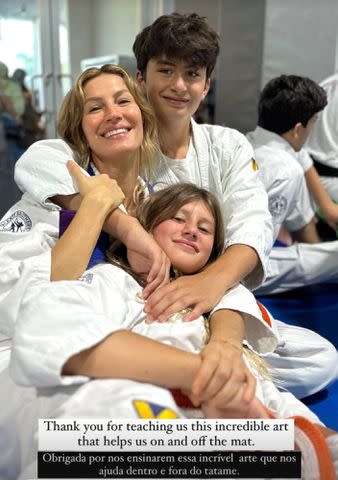 <p>Gisele Bundchen/Instagram</p> Gisele Bündchen commemorates new jiu-jitsu ranking with son Benjamin Rein and daughter Vivian Lake