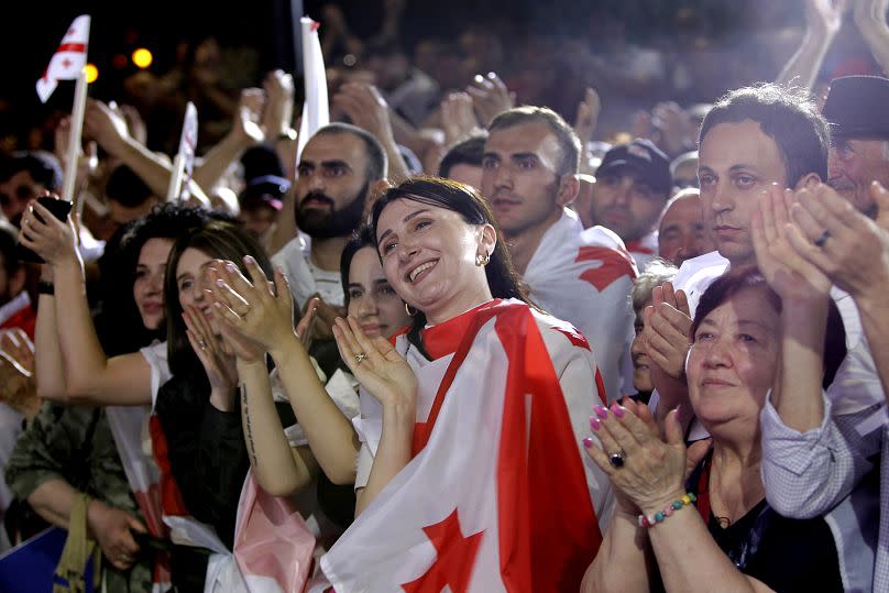 Georgians listening to Bidzina Ivanishvili, founder of the Georgian Dream party, during a rally in Tbilisi, April 29, 2024