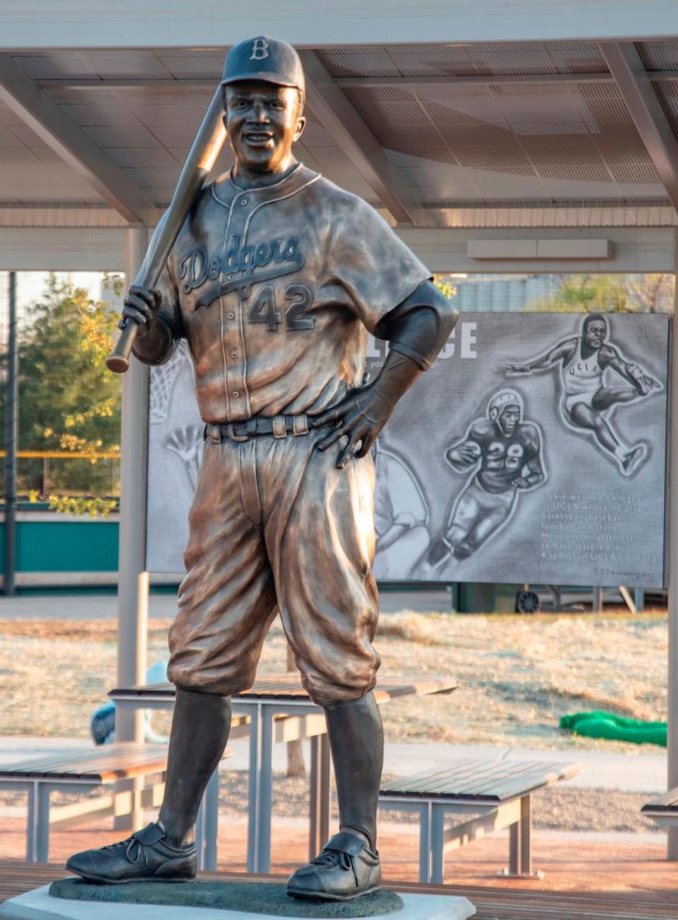 PHOTO: In this photo provided by Mel Gregory, a statue of baseball legend Jackie Robinson, April 18, 2021, in Wichita, Kan.  (Mel Gregory via AP)