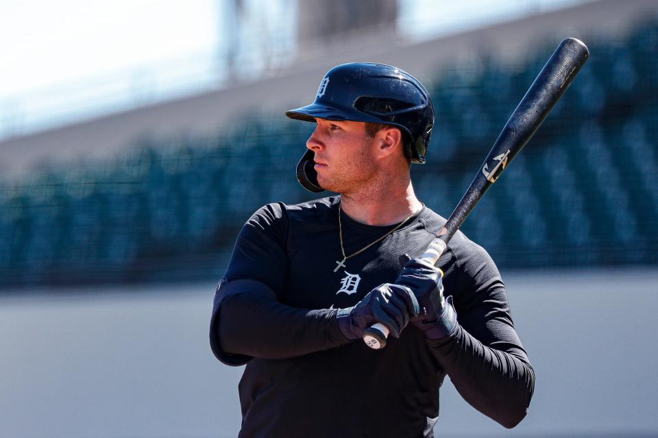 Detroit Tigers infielder Colt Keith bats during spring training at Joker Marchant Stadium in Lakeland, Florida, on Thursday, Feb. 22, 2024.