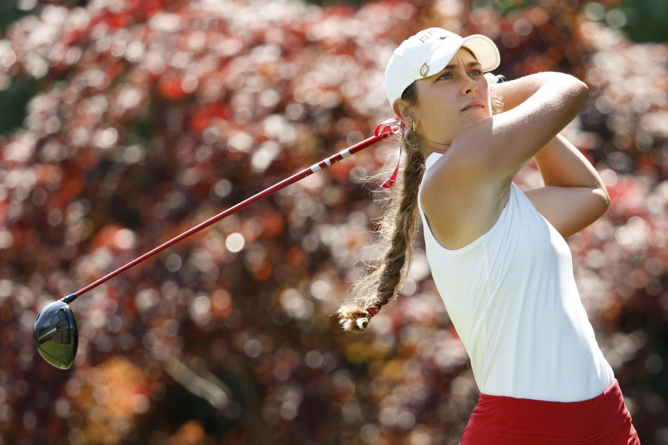 Annabelle Pancake of the United States tees off on the 17th hole during the second round of the Dow Great Lakes Bay Invitational at Midland Country Club on July 20, 2023 in Midland, Michigan. (Photo by David Berding/Getty Images)