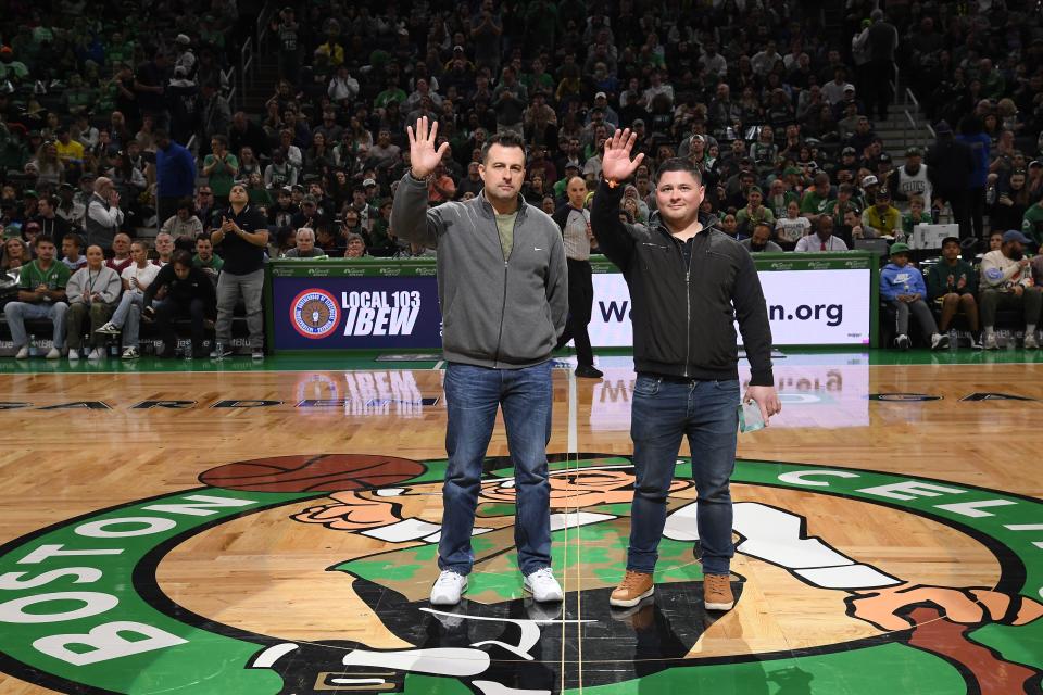 Officers Garrett Nelson and Guy Furtado of the Fall River Police Department were recognized as Heroes Among Us at the Celtics home game against the Washington Wizards on Sunday, April 14, 2024.